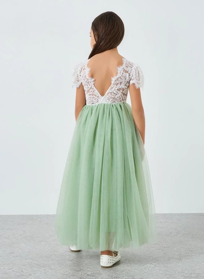 Take Two  Girls Green Lace Puff Sleeve Tulle Maxi Dress for Women | Best Price UAE